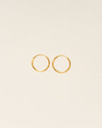 Two gold hoop earrings on a beige background